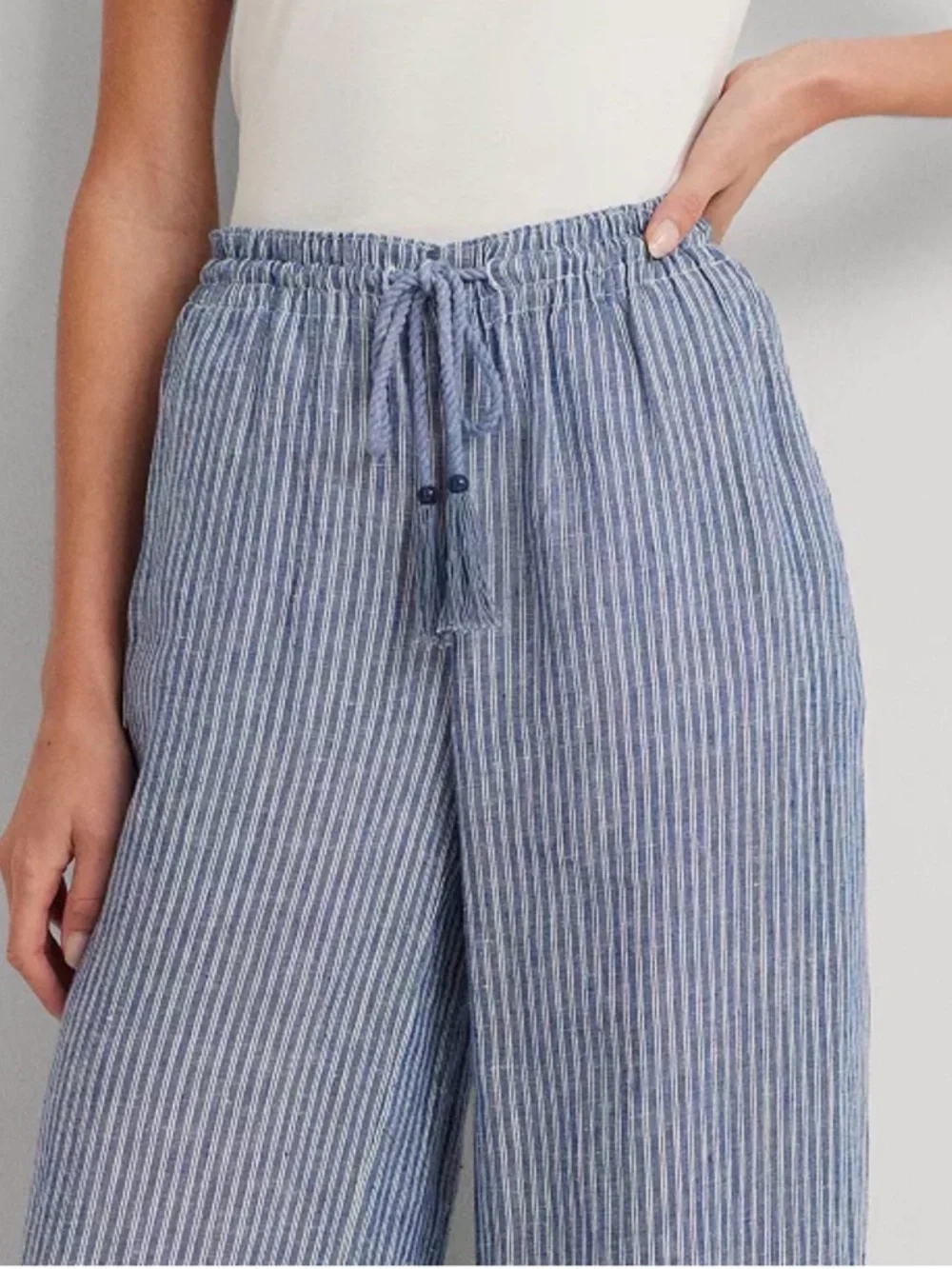 Ralph Lauren Striped Wide-Leg Drawstring Pants in Light Blue - Picture 2 of 7